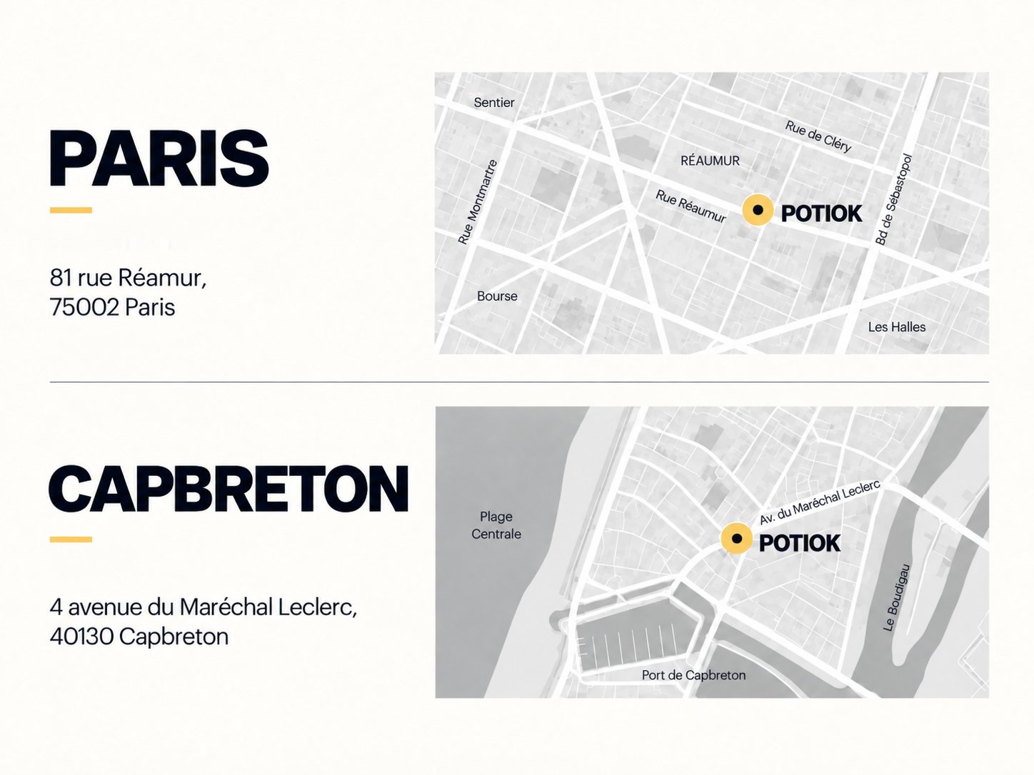 Implantations Potiok : Paris (81 rue Réaumur, 75002) et Capbreton (4 avenue du Maréchal Leclerc, 40130)